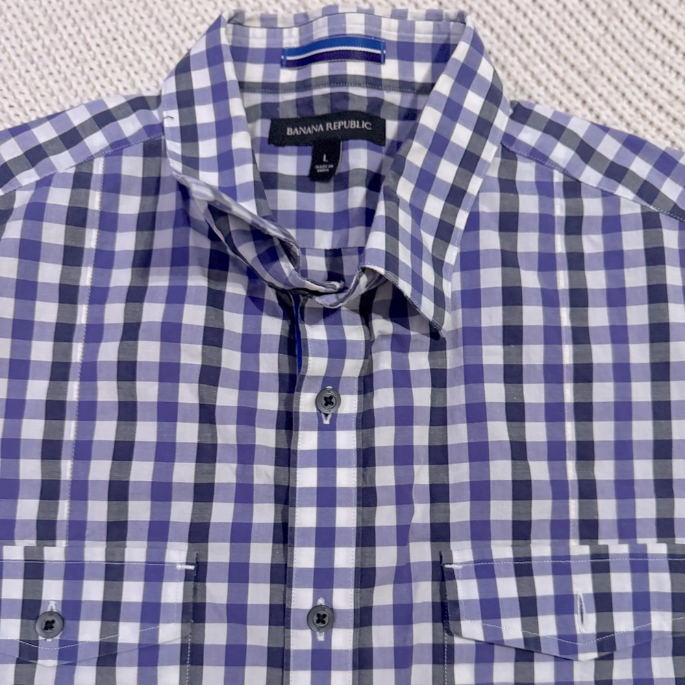Banana Republic Mens L Purple Checkered Short Sleeve Button Down